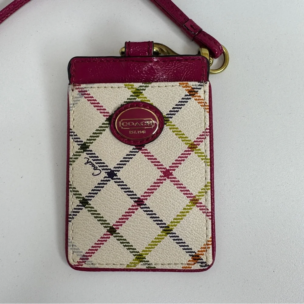 Coach Peyton Tattersall ID Lanyard with Pink Fuchsia Patent Leather